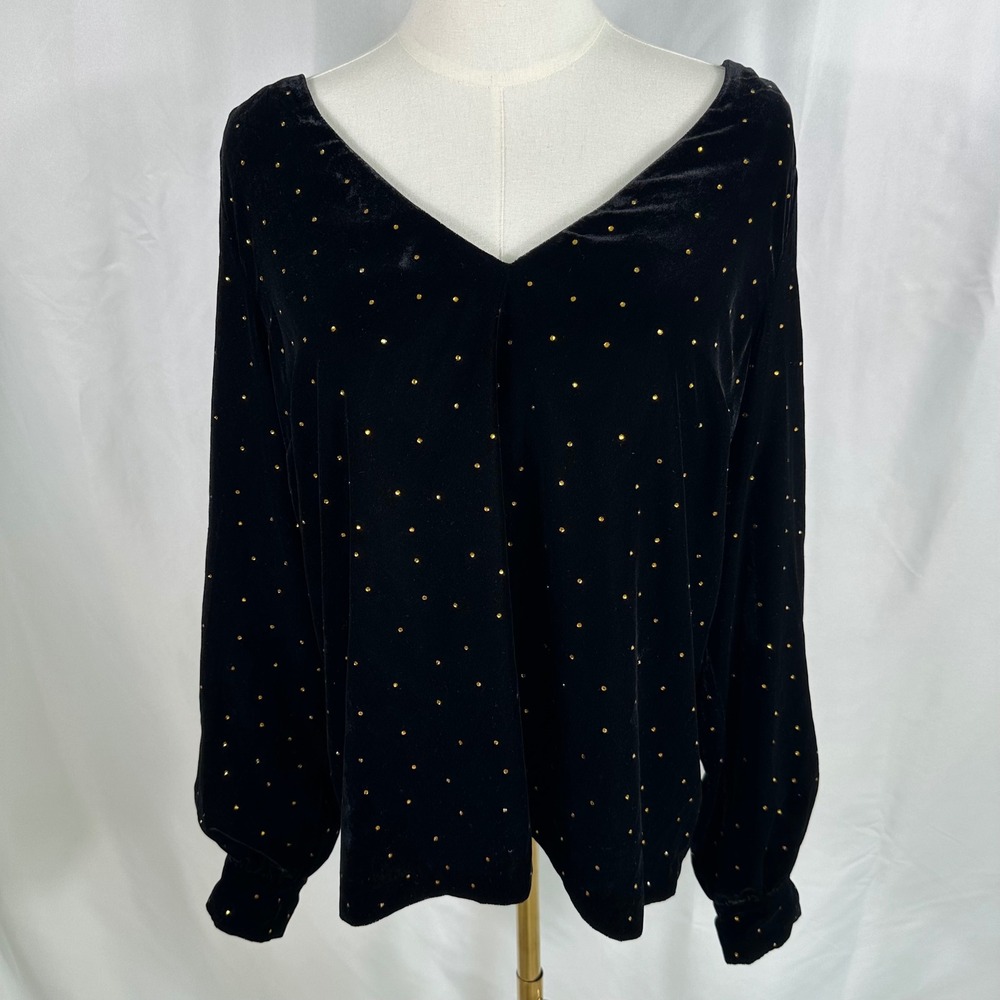 Sezane Galeo Velvet Blouse Top 40 US 8 Black Gold Embroidered V-Neck Shirt Long